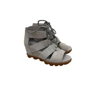 Sorel Joanie II Lace Up Black Leather Wedge Sandals Shoes NL3552-096 Womens sz 7